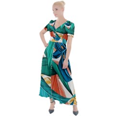 Leaves Tropical Exotic Button Up Short Sleeve Maxi Dress by artworkshop