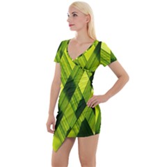 Leaves Grass Woven Short Sleeve Asymmetric Mini Dress by artworkshop