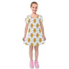 Flowers-gold-blue Kids  Short Sleeve Velvet Dress by nate14shop