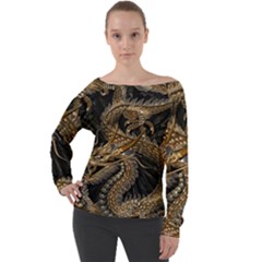 Fantasy Dragon Pentagram Off Shoulder Long Sleeve Velour Top by Jancukart