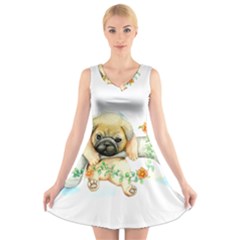 Pug-watercolor-cute-animal-dog V-neck Sleeveless Dress by Jancukart