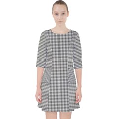 Soot Black And White Handpainted Houndstooth Check Watercolor Pattern Quarter Sleeve Pocket Dress by PodArtist