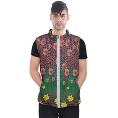 Floral Vines Over Lotus Pond In Meditative Tropical Style Men s Puffer Vest by pepitasart