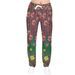 Floral Vines Over Lotus Pond In Meditative Tropical Style Women Velvet Drawstring Pants by pepitasart