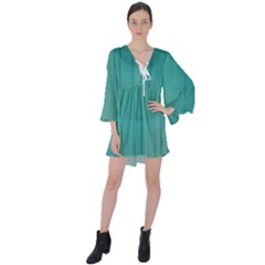 Green Surface  V-neck Flare Sleeve Mini Dress by artworkshop