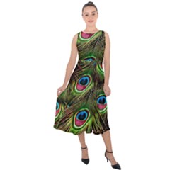 Peacock-feathers-color-plumage Midi Tie-back Chiffon Dress by Celenk