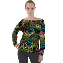 Peacock-feathers-color-plumage Off Shoulder Long Sleeve Velour Top by Celenk