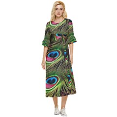 Peacock-feathers-color-plumage Double Cuff Midi Dress by Celenk