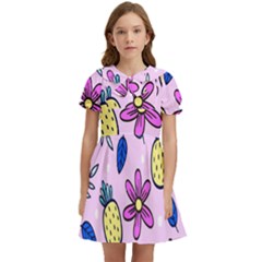 Flowers Purple Kids  Bow Tie Puff Sleeve Dress by nateshop