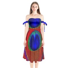 Red Peacock Plumage Fearher Bird Pattern Shoulder Tie Bardot Midi Dress by Wegoenart