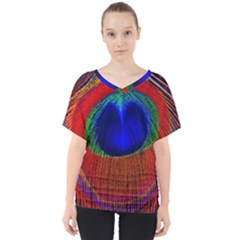 Red Peacock Plumage Fearher Bird Pattern V-neck Dolman Drape Top by Wegoenart