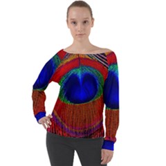 Red Peacock Plumage Fearher Bird Pattern Off Shoulder Long Sleeve Velour Top by Wegoenart