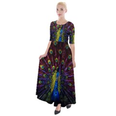 Beautiful Peacock Feather Half Sleeves Maxi Dress by Jancukart