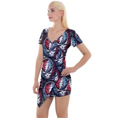 Grateful Dead Pattern Short Sleeve Asymmetric Mini Dress by Jancukart