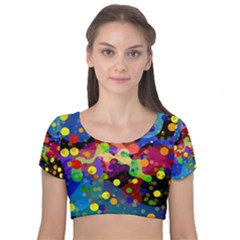 Blobs Dots Abstract Art Waves Velvet Short Sleeve Crop Top  by Amaryn4rt