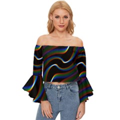 Rainbow Waves Art Iridescent Off Shoulder Flutter Bell Sleeve Top by Amaryn4rt