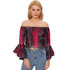 Stranger Things Fantasy Dark  Red Off Shoulder Flutter Bell Sleeve Top by Amaryn4rt