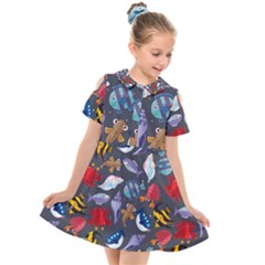 Sea Animals Pattern Wallpaper Fish Kids  Short Sleeve Shirt Dress by Amaryn4rt