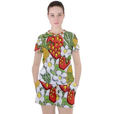 Strawberries Berry Strawberry Leaves Women s Tee And Shorts Set by Wegoenart