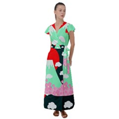 Mount Fuji Japan Landscape Volcano Flutter Sleeve Maxi Dress by Wegoenart