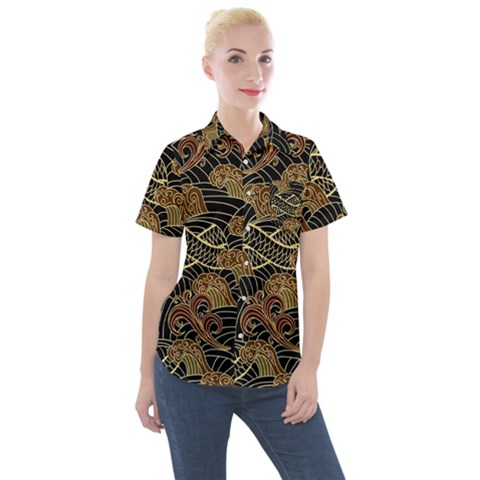 Oriental Traditional Seamless Pattern Women s Short Sleeve Pocket Shirt by Wegoenart