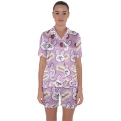 Illustration Rabbit Cartoon Background Pattern Satin Short Sleeve Pajamas Set by Sudhe