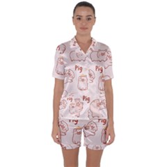 Pig Cartoon Background Pattern Satin Short Sleeve Pajamas Set by Sudhe