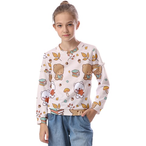 Illustration Bear Cartoon Background Pattern Kids  Long Sleeve Tee With Frill  by Sudhe