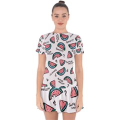 Illustration Watermelon Fruit Sweet Slicee Drop Hem Mini Chiffon Dress by Sudhe