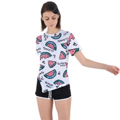 Illustration Watermelon Fruit Sweet Slicee Asymmetrical Short Sleeve Sports Tee by Sudhe