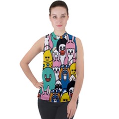 Illustration Animals Cartoon Background Pattern Mock Neck Chiffon Sleeveless Top by Sudhe