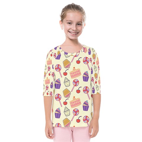 Food Illustration Cupcake Pattern Lollipop Kids  Quarter Sleeve Raglan Tee by Amaryn4rt