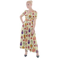 Food Illustration Cupcake Pattern Lollipop Button Up Short Sleeve Maxi Dress by Amaryn4rt