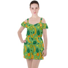 Fruit Tropical Pattern Design Art Ruffle Cut Out Chiffon Playsuit by danenraven