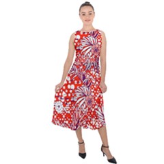 Leaf Red Point Flower White Midi Tie-back Chiffon Dress by Ravend