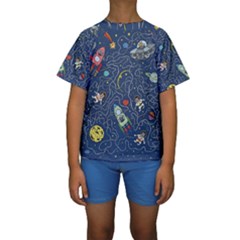 Illustration Cat Space Astronaut Rocket Maze Kids  Short Sleeve Swimwear by Ravend