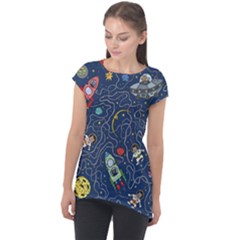 Illustration Cat Space Astronaut Rocket Maze Cap Sleeve High Low Top by Ravend