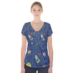 Illustration Cat Space Astronaut Rocket Maze Short Sleeve Front Detail Top by Ravend