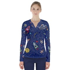 Illustration Cat Space Astronaut Rocket Maze V-neck Long Sleeve Top by Ravend