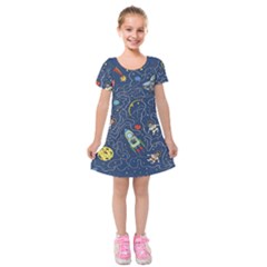 Illustration Cat Space Astronaut Rocket Maze Kids  Short Sleeve Velvet Dress by Ravend