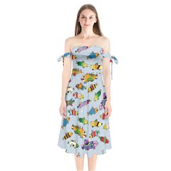 Fish Ocean Sea Water Diving Blue Nature Shoulder Tie Bardot Midi Dress by Ravend