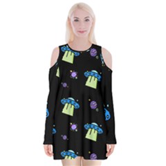 Illustration Cosmos Cosmo Rocket Spaceship -ufo Velvet Long Sleeve Shoulder Cutout Dress by danenraven