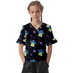 Illustration Cosmos Cosmo Rocket Spaceship -ufo Kids  V-neck Horn Sleeve Blouse by danenraven