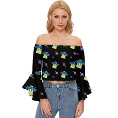 Illustration Cosmos Cosmo Rocket Spaceship Ufo Off Shoulder Flutter Bell Sleeve Top by danenraven