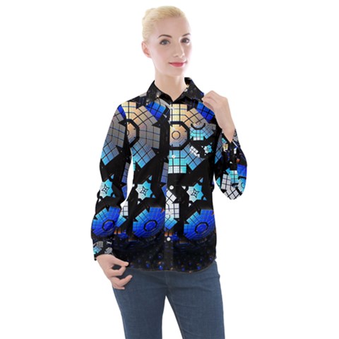 Illustration Tech Galaxy Robot Bot Science Women s Long Sleeve Pocket Shirt by danenraven