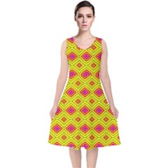 Red Yellow Abstract V-neck Midi Sleeveless Dress  by artworkshop