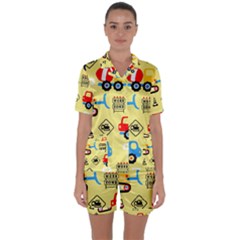 Seamless Pattern Vector Industrial Vehicle Cartoon Satin Short Sleeve Pajamas Set by Jancukart