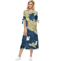 Map Italy Blue Bow Sleeve Chiffon Midi Dress by ConteMonfrey