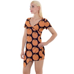 Black And Orange Pumpkin Short Sleeve Asymmetric Mini Dress by ConteMonfrey