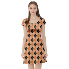 Halloween Inspired Black Orange Diagonal Plaids Short Sleeve Skater Dress by ConteMonfrey